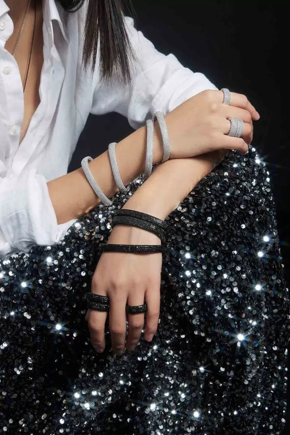 APM Monaco Black Chunky Pave Bangle- Bracelets