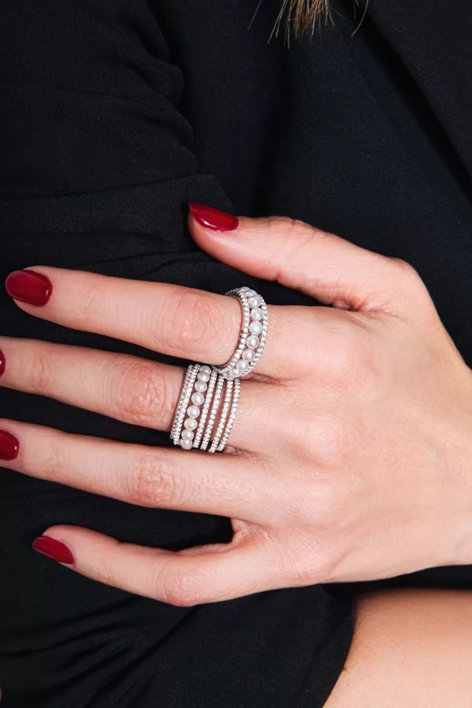 APM Monaco Double Paved Hoop Ring With Pearls- Rings