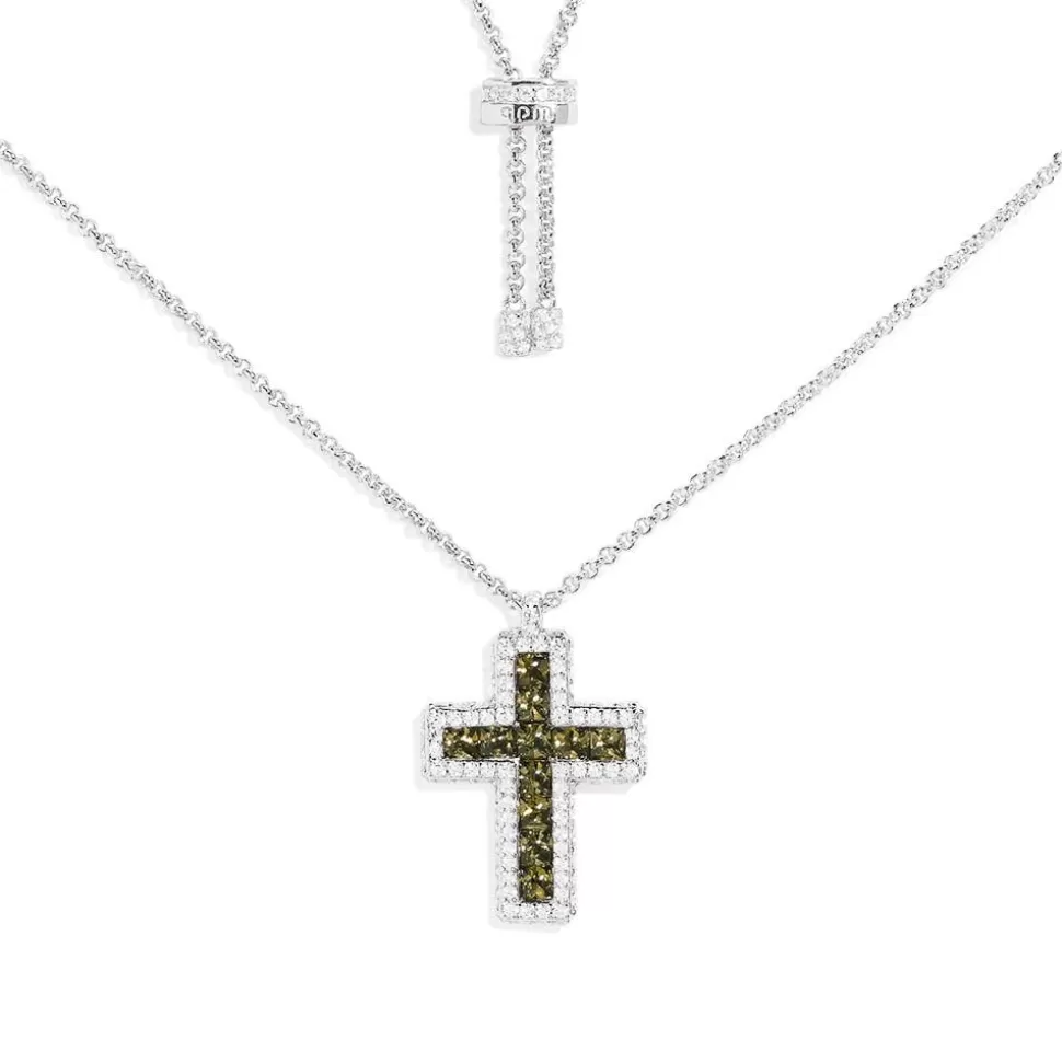 APM Monaco Khaki Pave Cross Adjustable Necklace- Necklaces