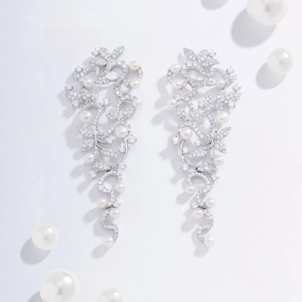 APM Monaco Long Flower Drop Earrings With Pearls- Earrings