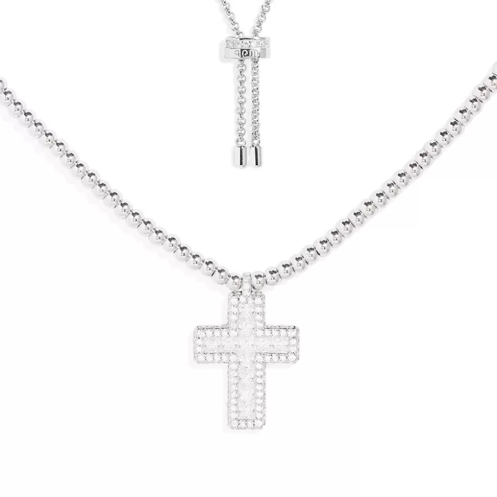 APM Monaco Pave Cross Adjustable Necklace With Beads- Necklaces