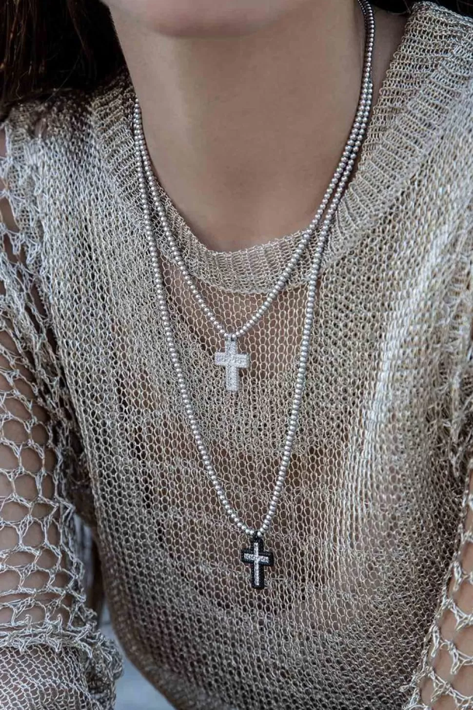 APM Monaco Pave Cross Adjustable Necklace With Beads- Necklaces