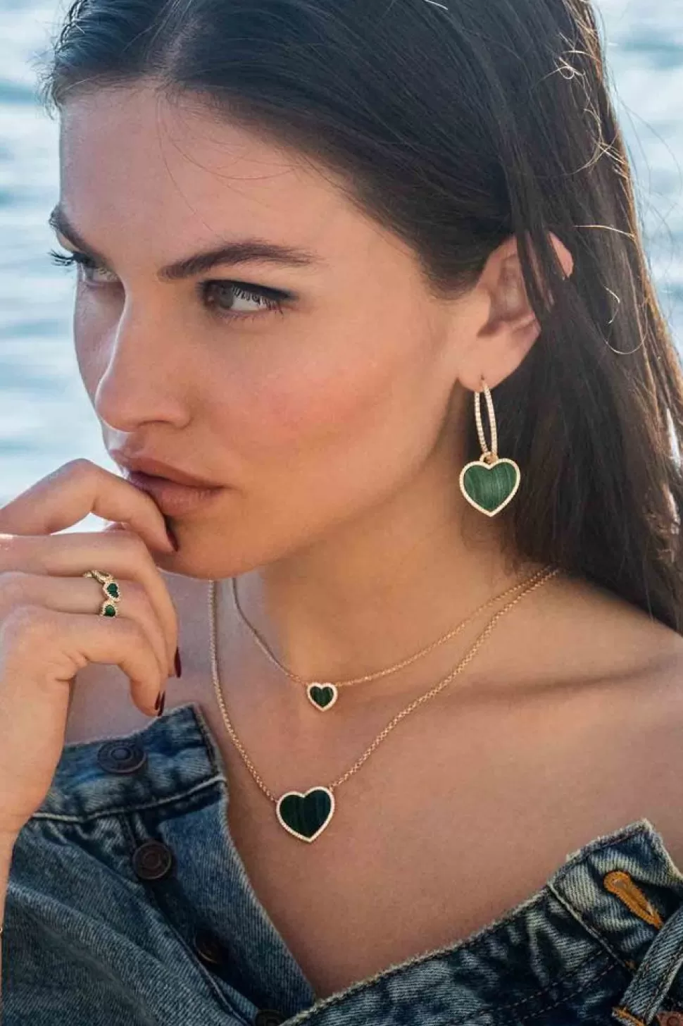 APM Monaco Pave Hoop Earrings With Malachite Heart- Earrings