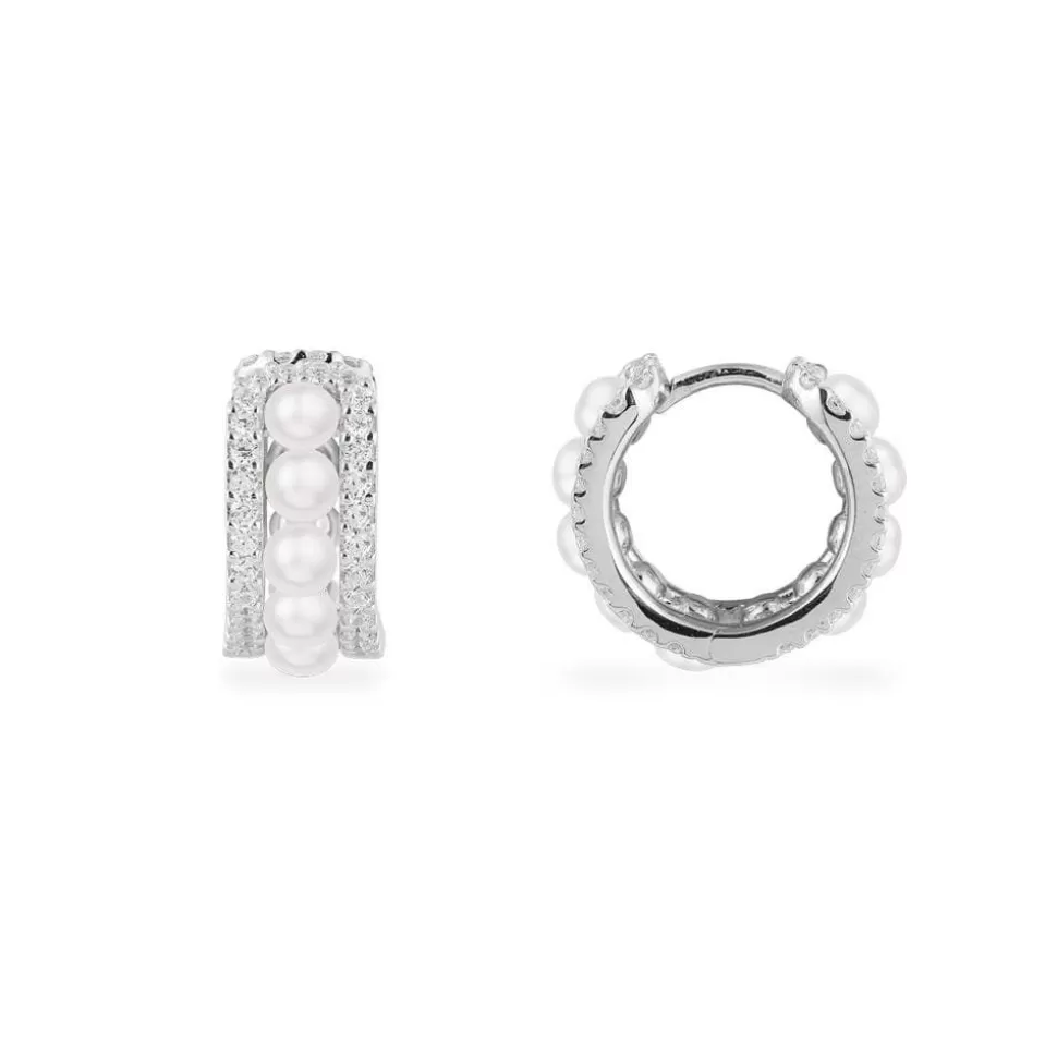 APM Monaco Small Double Paved Hoop Earrings With Pearls- Earrings